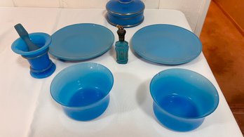 French Blue Opaline Glassware And Assorted Glassware