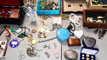 Entire Table Of Costume Jewelry, Sewing, Machine, Watches And More