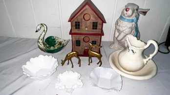 Bird House, Rabbit Statue, Brass Reindeer , Milk Glass, Pitcher & Bowl