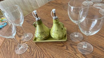 Set Of 4 Wine Glasses. And Vinegars And Oil Cruets With Matching Tray