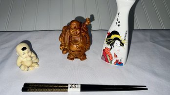 Buddhist Figurines, Chinese Bud Vase & Chopsticks