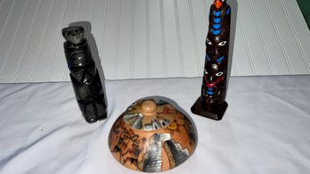 Alaskan Totem Pole, Obsidian Aztec Idol Figure & Cusco Peruvian Pottery
