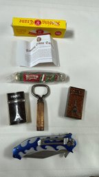 Kissing Crane Knife, Paris Lighters, Folding Knife And Vintage Bottle Opener