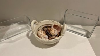 Glass Bowls And Ceramic Bowl Full Of Sea Shells