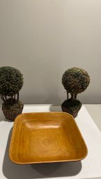 Faux Shrubbery And Wooden Bowl