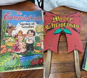 Vintage Campbells Kids Coloring Book & Vintage Wood Merry Christmas Sign
