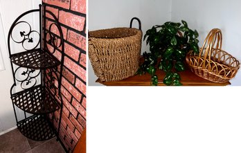 Black Iron Metal Corner Plant Stand, Large Baskets And Faux Ivy Plant & Basket