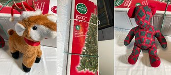 6 Ft Pre-lit Christmas Tree, Plush Reindeer And Christmas Bear