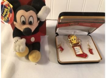 Mickey Mouse Stuffed Animal And Tweety Bird Christmas Pin And Earings