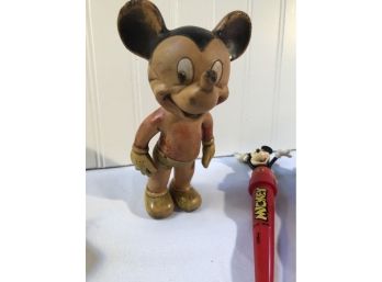 Vintage Mickey Mouse Doll, Pens And Small Toy
