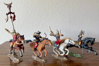 (4) Elastolin Germany Hunne Horse And Rider Figurines
