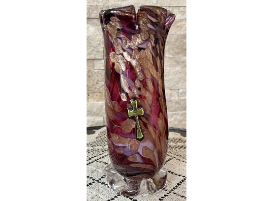 Beautiful Murano Art Glass Purple & Gold Religious Vase With Iridescent Cross On The Front