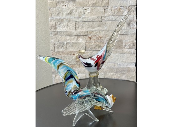 Two Murano Multi Color Mid Century Art Glass Birds Gold Accents (as Is)