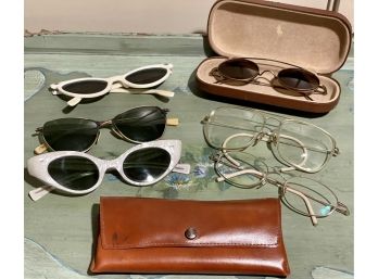 Collection Of Vintage Eyeglasses Including Ray Ban,  Polo Glasses & Sunglass Clip On, White Lucite Cat Eyes