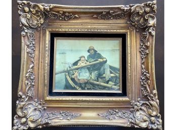 Renouf 81 Oil Painting Man & Girl In Boat With Ornate Gold Frame