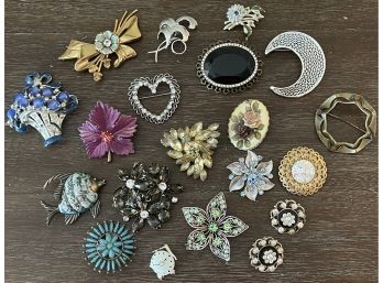 Vintage Brooches & Pins Including Rhinestone, Coro, Sarah Coventry, JJ. West Germany, Enamel & More