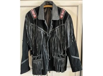 Men's Medium Vintage Western Wear Suede Leather Jacket Coat Seed Bead Trim, Fringe, Indian Traditional