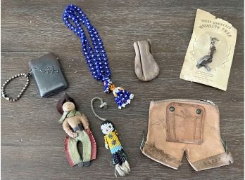 Vintage Western Advertising & Souvenir Metal Match Safe, Rocky Mtn Mosquito Trap, Leather Cowboy Pin, & More