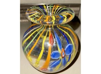 Murano Style Millefiori Flower And Ribbon Art Glass Orb  Vase