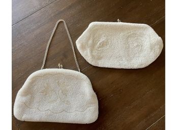 (2) Mid Century Modern Pearl & Glass Seed Bead Clutch Purses Bags