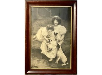 Darling Signed Arthur J Elsley 1909 Victorian Print Dogs & Little Girls With Solid Wood Frame Original Glass