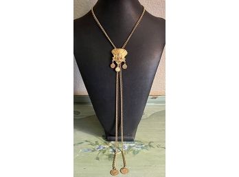 Rare Vintage Florenza Gold Tone Fleur De Lis Napoleon Drop Coin Slide Necklace