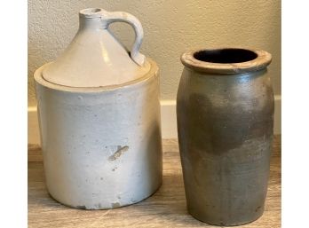 Red Wing Early Antique Stoneware Minnesota Jug Signed On Bottom & An Salt Glazed Tall Pot (Butter Churn)