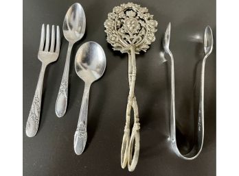 Vintage Ornate Brass Italy Pastry Tongs, TW&S Silver Plate Sugar Tongs, 1847 Rogers Bros Baby Fork & Spoons