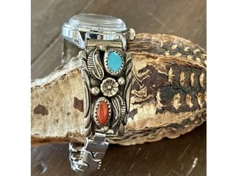 Old Pawn Navajo Sterling Silver, Turquoise & Coral Watch Lugs With Women's Timex Watch