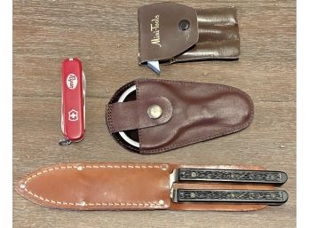 Vintage Fishing & Hunting Tools In Leather Sheaths Including Ryan Multi Tool Knife, Austria Leather Tool Kit