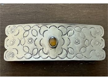 Vintage Navajo Stamped Silver Tone Barrette With Tiger Eye Stone