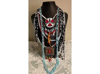 Vintage Seed Bead Necklaces Indian Eagle Leather Back, Lizard & Small Medicine Bag Necklace, Lariat & More