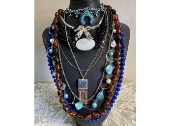 Assorted Vintage Costume Jewelry Necklaces Including Indian Petite Point, Amber Bead, Glass Bead And More