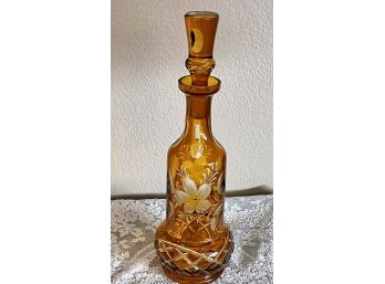 Mid Century Modern Amber Cut To Clear Crystal Floral Whiskey Decanter