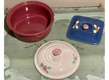 Rare Coors Rosebud White Lid, Blue Square Lid And Burgundy Round Casserole Without Lid