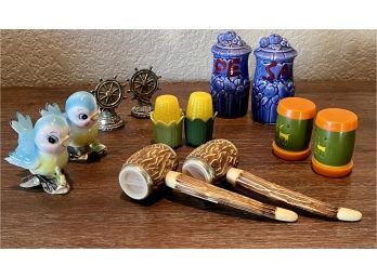 Lot Of Mid Century Salt & Pepper Shakers Pottery Blue Birds, Pipes, St Labre Indian School Montana Deer & More