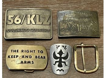 (4) Belt Buckles, KOA, Levi Strauss And Solid Brass Arms, (1) Indian Thunderbird Bolo