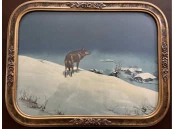 Antique Lone Wolf In Original Hand Carved Floral Wood Frame