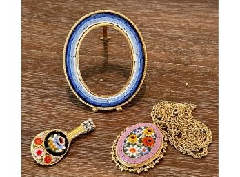 Vintage Micro Mosaic Pendant, Guitar Pin And Oval Miniature Frame Italy
