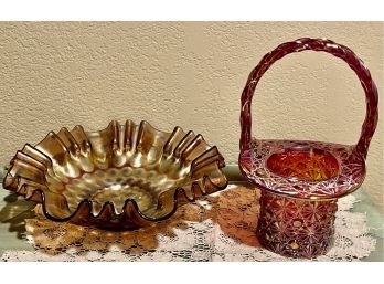 Fenton Amber Coin Dot Carnival Glass 3 In 1 Ruffled Edge Bowl & Red Carnival Glass Quilt Pattern Basket