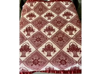 Gorgeous Vintage Wool Blanket Dark Red With Flower Baskets And Satin Trim 68'W X 78'L
