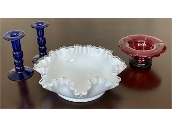 Vintage Fenton Silver Crest Large Ruffled Bowl Mexico Blown Glass Candleholders & Red Art Glass Compote