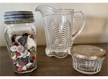 Victorian Leaf Handled Glass Pitcher & (2) Hazel Atlas Glass Jars (1) Zink  & Porcelain With Vintage Buttons