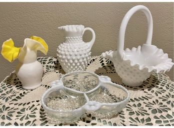(4) Fenton Pieces White Hobnail Pitcher & Basket, Yellow Encased White Ruffled Vase & Moonstone Dish