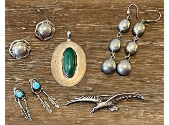Vintage Sterling Silver (3) Prs Earrings, One Indian Turquoise Feathers, Eagle Pin, Malachite Pendant 44.4G