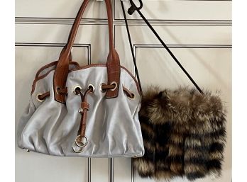 (2) Purses (1) Vera Pelle Grey Leather Made In Italy Hobo Bag & Elizabeth Arden Faux Fur Cross Body Bag