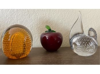 (3) Murano Style Controlled Bubble & Encased Art Glass Paperweights  Apple Has Red White And Grey Glass