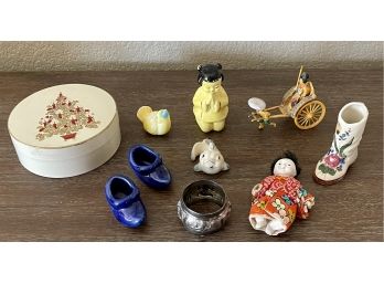 Collection Of Japan Miniature Pottery Pieces, Porcelain Asian Doll, Celluloid Cart, Otagiri Coasters & More