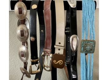 Vintage Leather Belts Including Escada, Tony Lama, Anne Klein, Blue Bead & A Concho Belt With Leather Strap