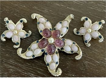 Stunning Vintage Cathe Pink & Purple Cabochon Starfish Brooch & Clip On Earrings